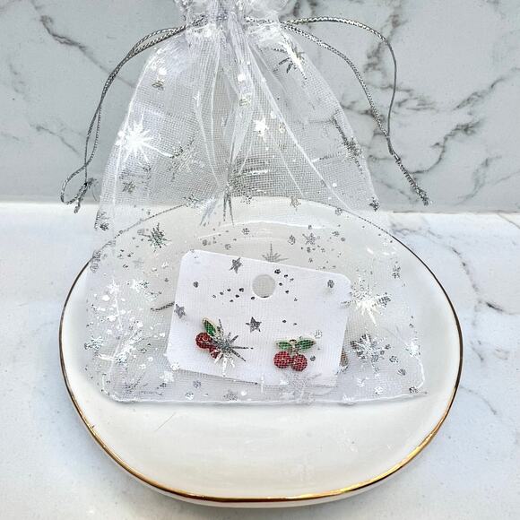 Red Cherry Stud Earrings Statement for vacation summer spring fruit gemstones - Picture 2 of 5